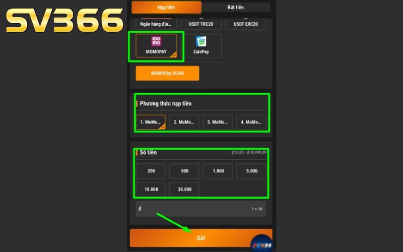 Chọn phương thức MOMO và điền số tiền cần nạp